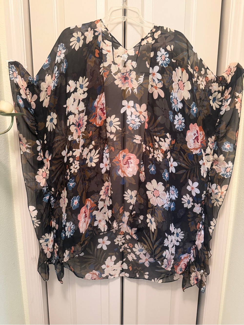 Floral Sheer Ruffle Sleeves Kimono Cover-Up - Black/Pink